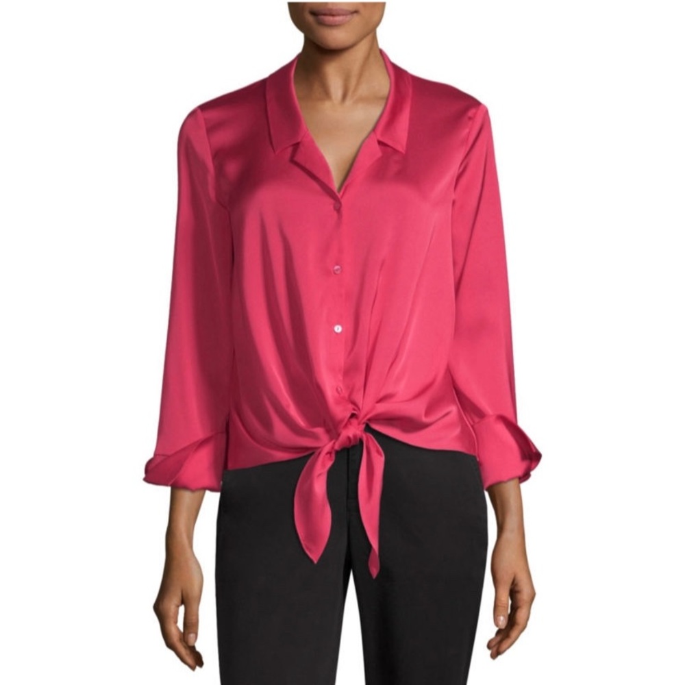 NWT Worthington Collar Neck L/S Tie Front Blouse